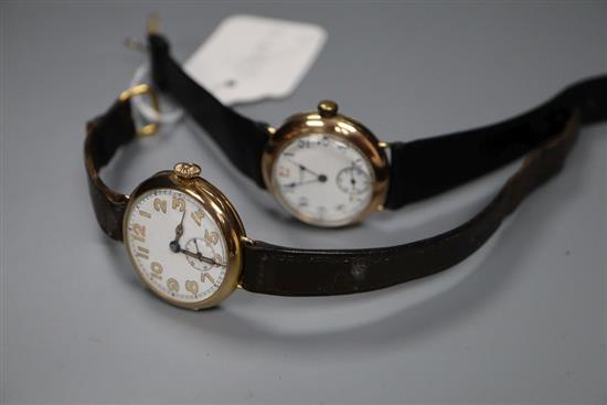 Two gentlemans early 20th century 9ct gold manual wind wrist watches including Waltham, gross 55.6 grams.